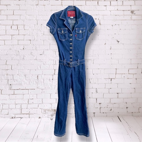 GUESS Vintage Y2K Stretch Denim Wide Leg Belted Button Up Jumpsuit JLO Medium - Picture 3 of 15